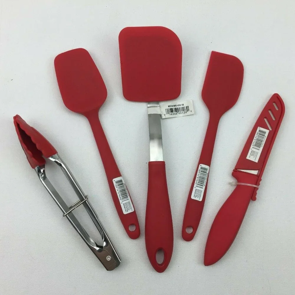 Red Silicone Kitchen Utensils Mini Set Tongs Knife Spatulas Set of 5 Spoonula